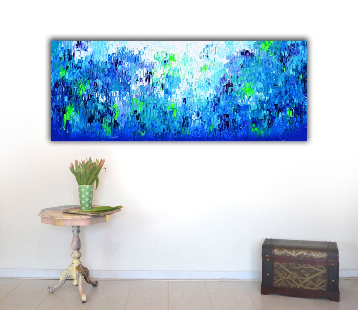 Impressionistic Landscape Acrylic Painting By Soos Tiberiu, 59 X 24", Relief Blue 27, Original Artwork