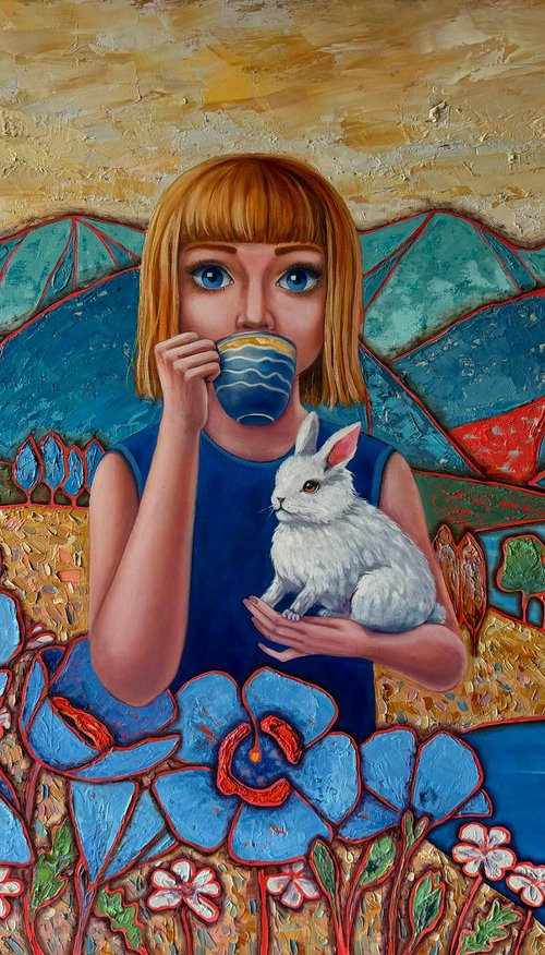 "Girl with a Rabbit" oil painting by Mary Voloshyna