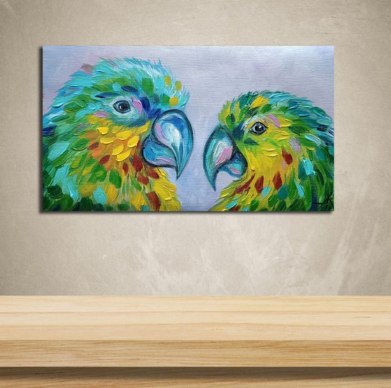 Parrots birds - parrots, painting on canvas, gift, parrots art, art bird, animals oil painting,  palette knife