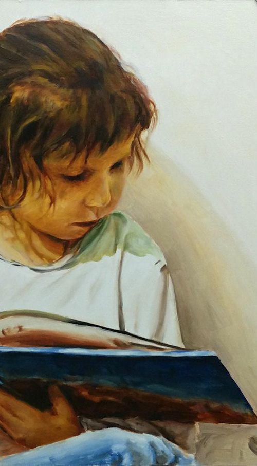 Little sister - portrait painting of a girl reading a book. by Leonid Plekhanov