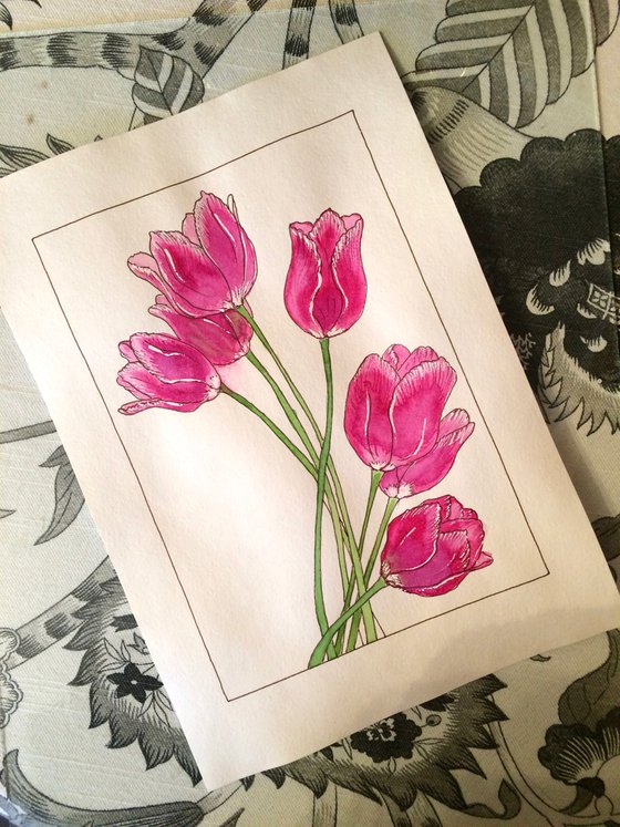 Tulips flowers mixed media illustration