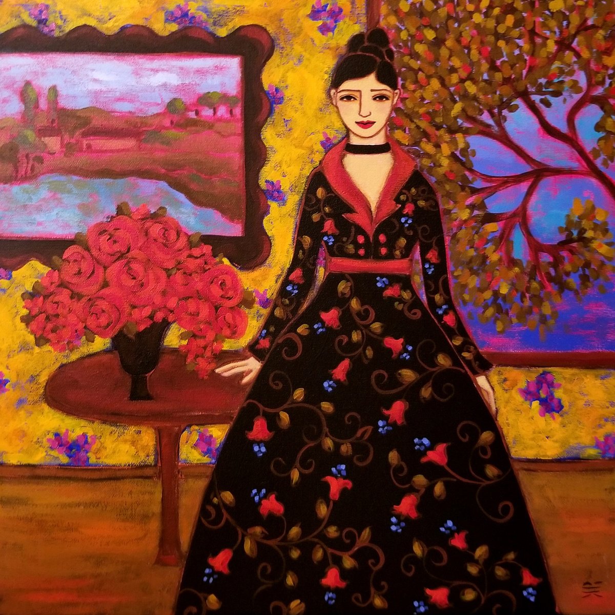 Impressionistic Portrait Acrylic Painting By Karen Rieger, 16 X 16", Woman With Roses And Landscape, Original Artwork