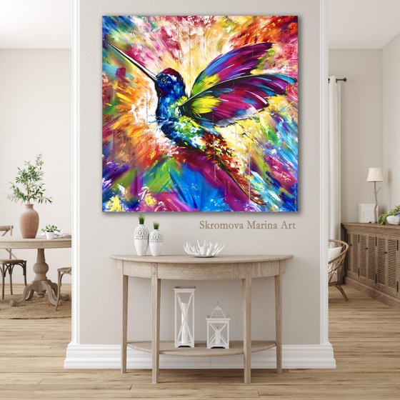 ENERGY COLOR - Exotic bird. Fabulous bird. Abstract bird. Gorgeous hummingbird. Paradise hummingbird. Flight. Magic. Dreams. Multi-colored. Close-up.
