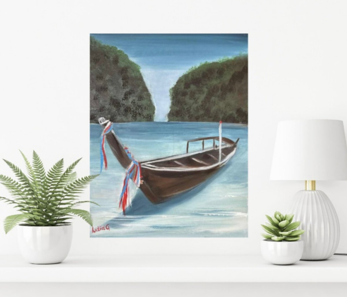 Photorealistic Landscape Acrylic Painting By Lidia Gaudiano, 14 X 18", Long Tail Boat, Original Artwork