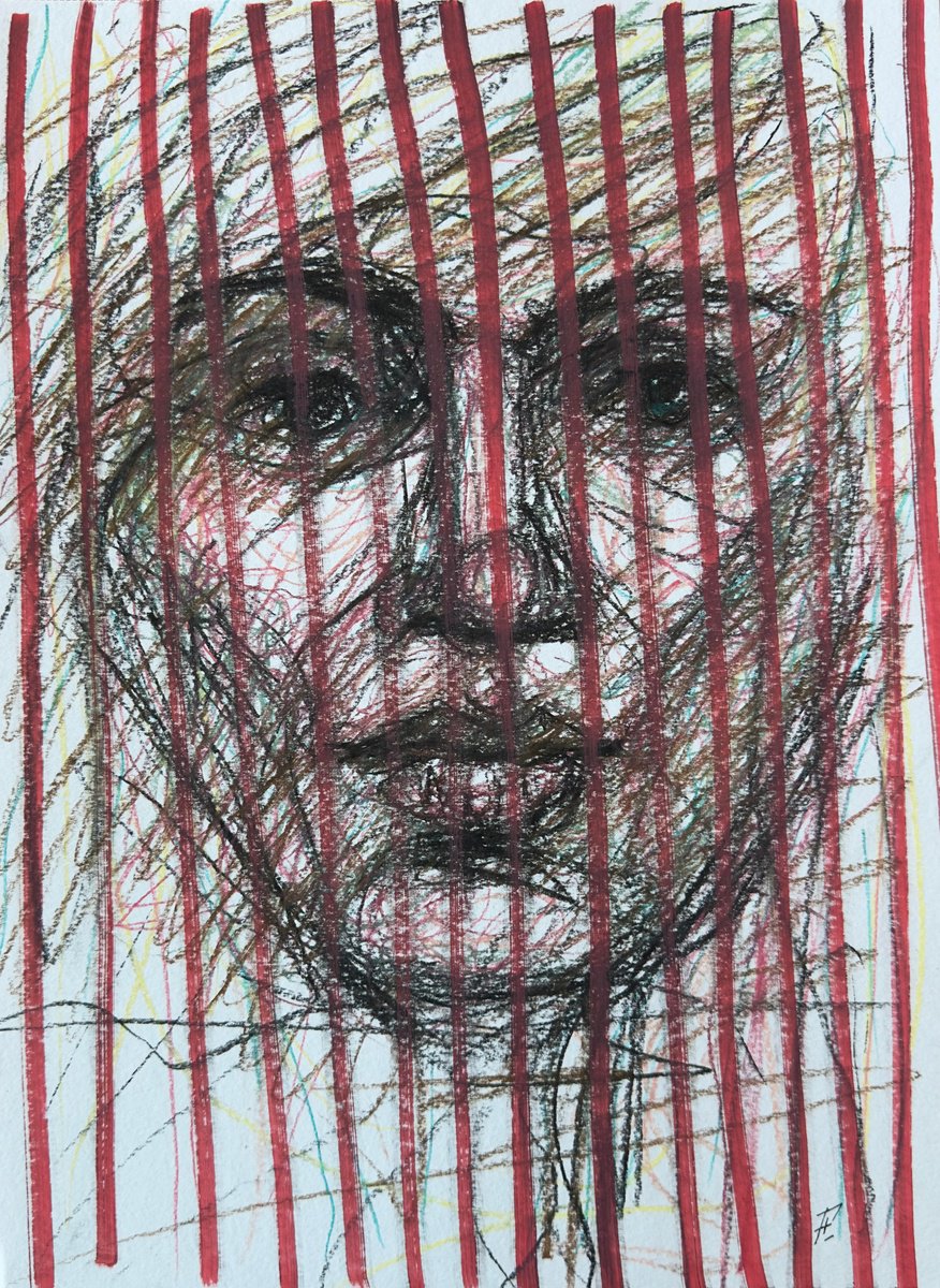 Expressive Portrait Drawing By Nikola Gulev, 12 X 17", Behind The Veil Of Confinement, Original Artwork