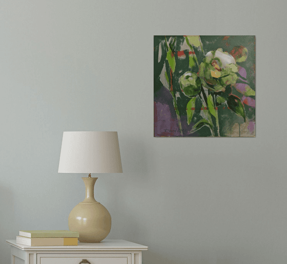 Green peonies modern mixed media painting