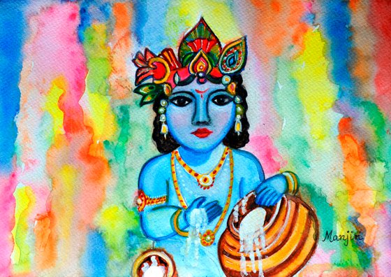 Natkhat Bal Krishna colorful watercolor on sale