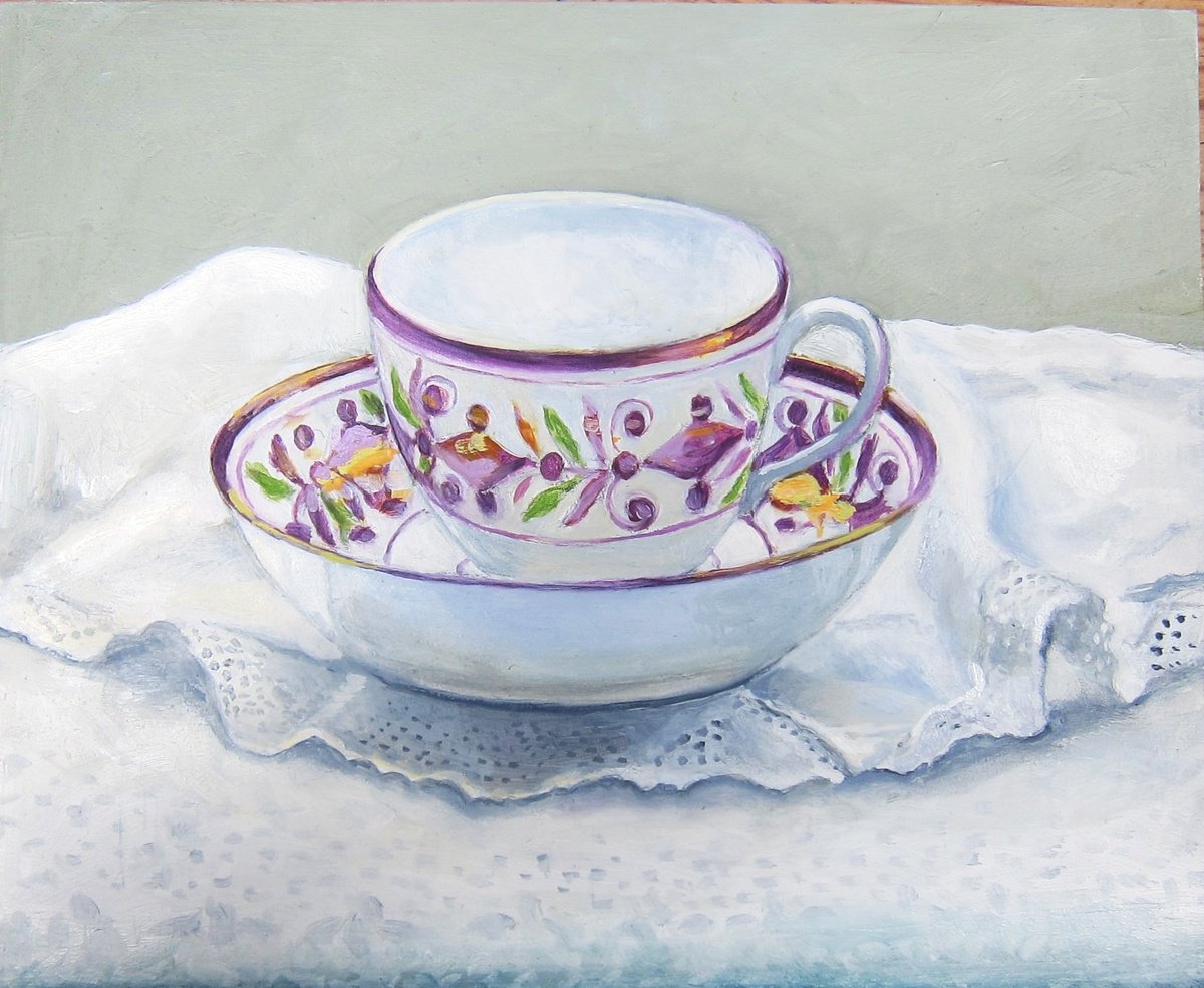 Still Life Oil Painting By Sophie Colmer-Stocker, 9 X 7", Victorian Cup And Saucer, Original Artwork