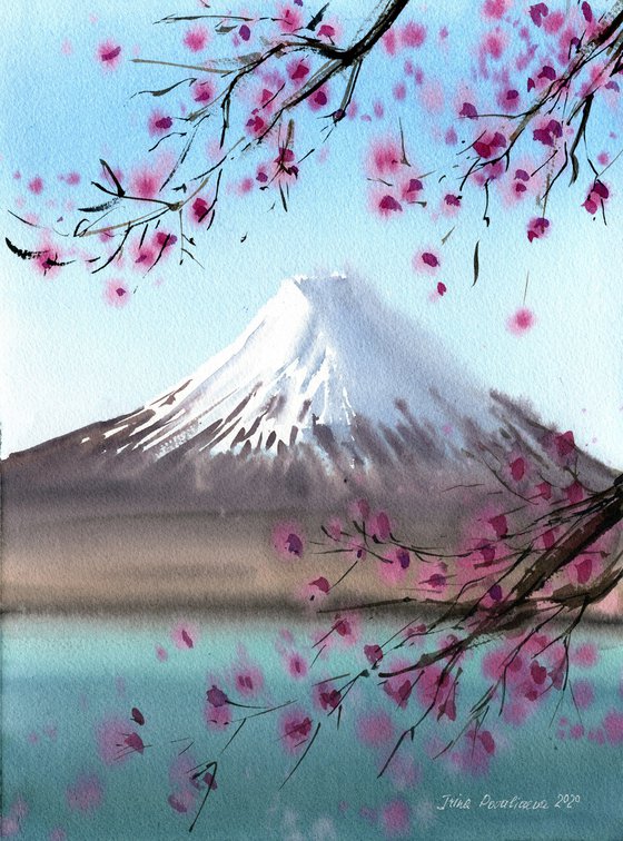 Sakura blossom original watercolor painting, spring artwork  pink flowers medium size gift idea