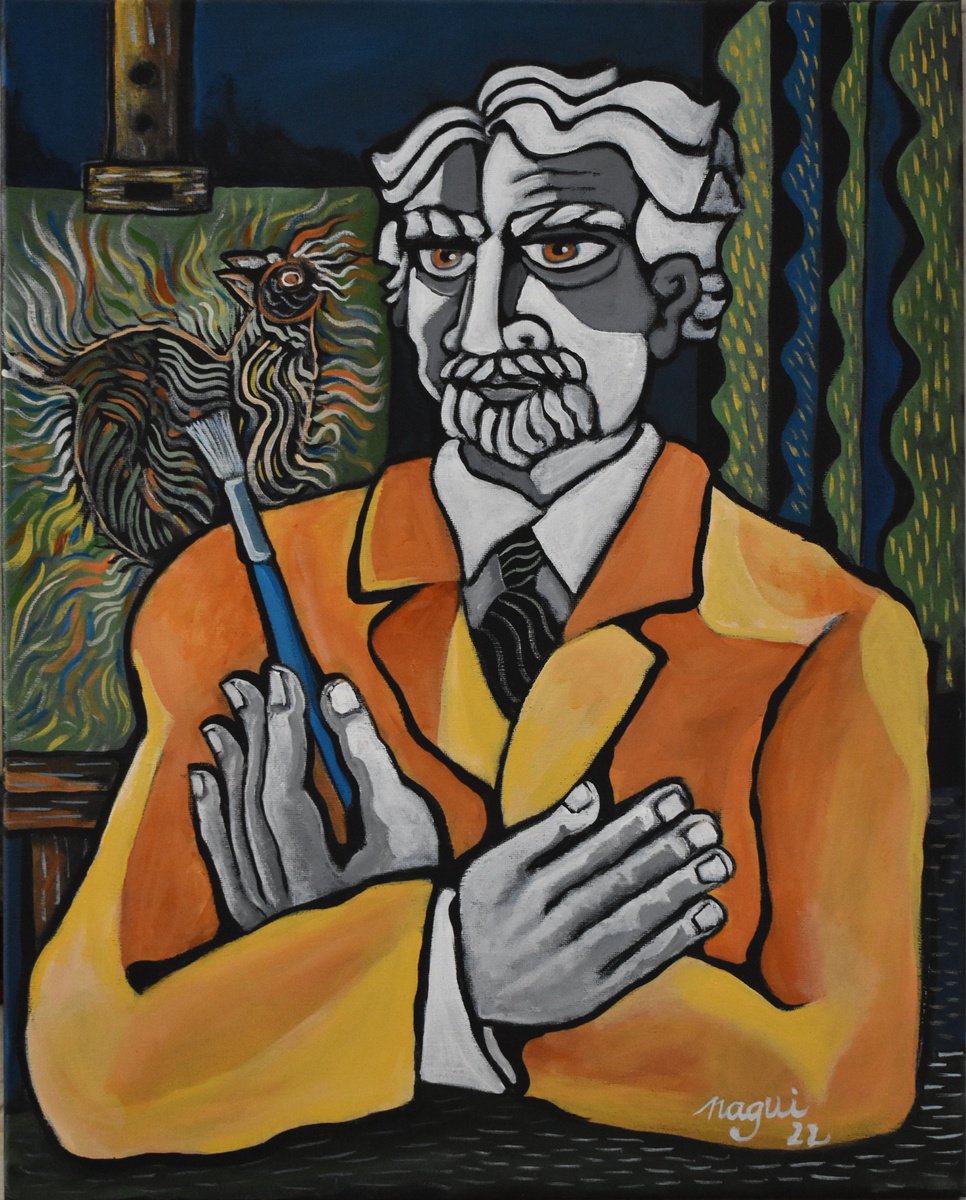 Expressive Portrait Acrylic Painting By Nagui, 16 X 20", The Bird Painter, Original Artwork