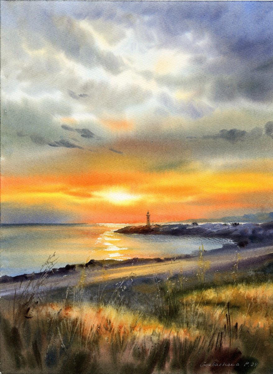 Impressionistic Landscape Watercolour By Eugenia Gorbacheva, 12 X 16, Lighthouse At Sunset #6, Original Artwork