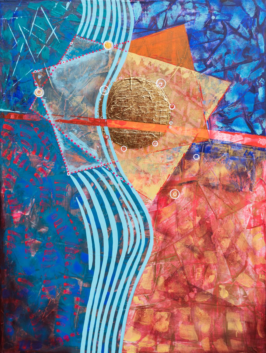 Geometric Landscape Acrylic Painting By Ariadna De Raadt, 24 X 31, Touching Of The Sun 7, Original Artwork