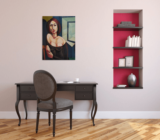 Waiting (60x80cm, cubism, oil painting, ready to hang)