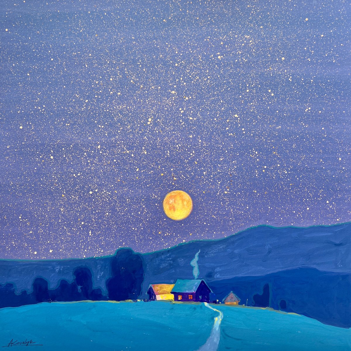 Impressionistic Landscape Painting By Andrii Kovalyk, 20 X 20, Silence Under The Moonlight, Original Artwork