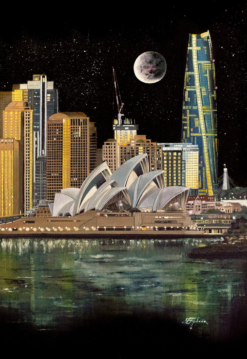 Impressionistic Cityscapes Oil Painting By Tetiana Tiplova, 16 X 23", Sidney At Night, Original Artwork