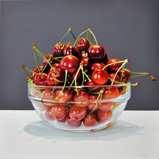 Still life with cherries IV , Original oil on canvas painting