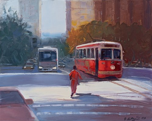 Cityscape with red  tram by Kamo Atoyan