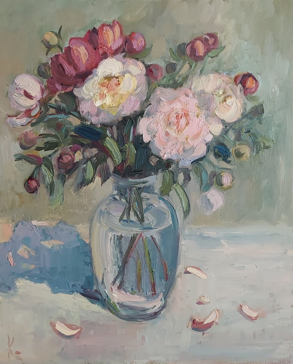 Impressionistic Botanical Oil Painting By Olena Kolotova, 20 X 24", Summer Flowers "Peonies", Original Artwork