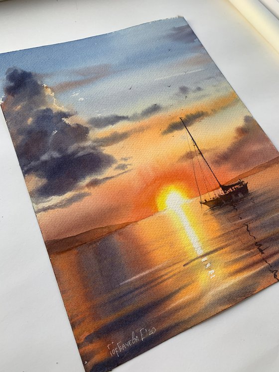 Sailing yacht and fire sunset #3