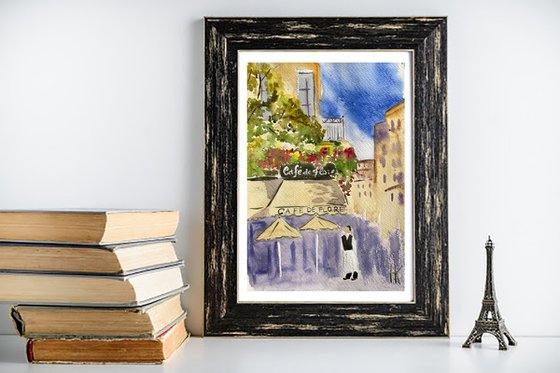 Paris Painting Cafe de Flore Original Art Cityscape Watercolor Europe Artwork Travelling Wall Art 9 by 12,5" by Halyna Kirichenko