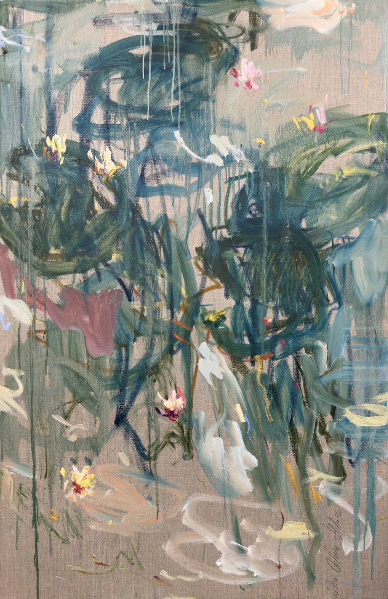 Expressive Abstract Oil Painting By Lilia Orlova-Holmes, 35 X 59", Reflections. [Dragonfly Pond], Original Artwork