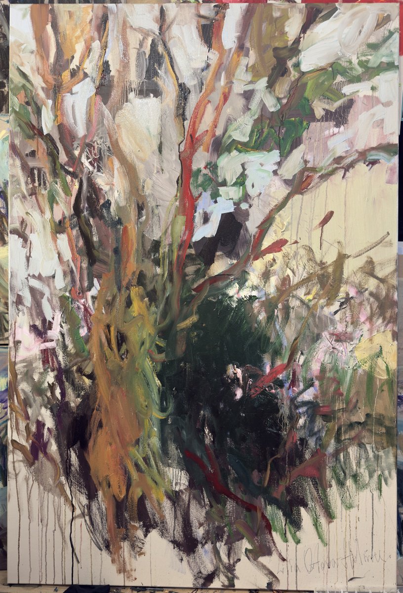 Expressive Abstract Oil Painting By Lilia Orlova-Holmes, 39 X 59", Winter Tree, Original Artwork