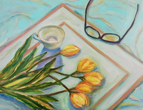 "Tulips and Glasses" Original Oil Canvas Painting 35x45 cm by Katia Ricci