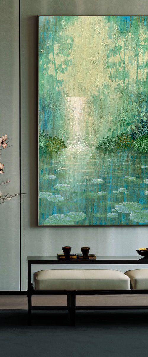 Mysterious Green Waterfall and Water Lily Pond by Ekaterina Prisich