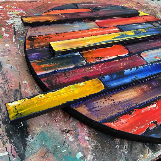 "Can We Tag Along?" - Save As A Series - Original PMS Sculptural Oil Painting Assemblage Triptych On Circular Wooden Panels - 68 x 25 inches