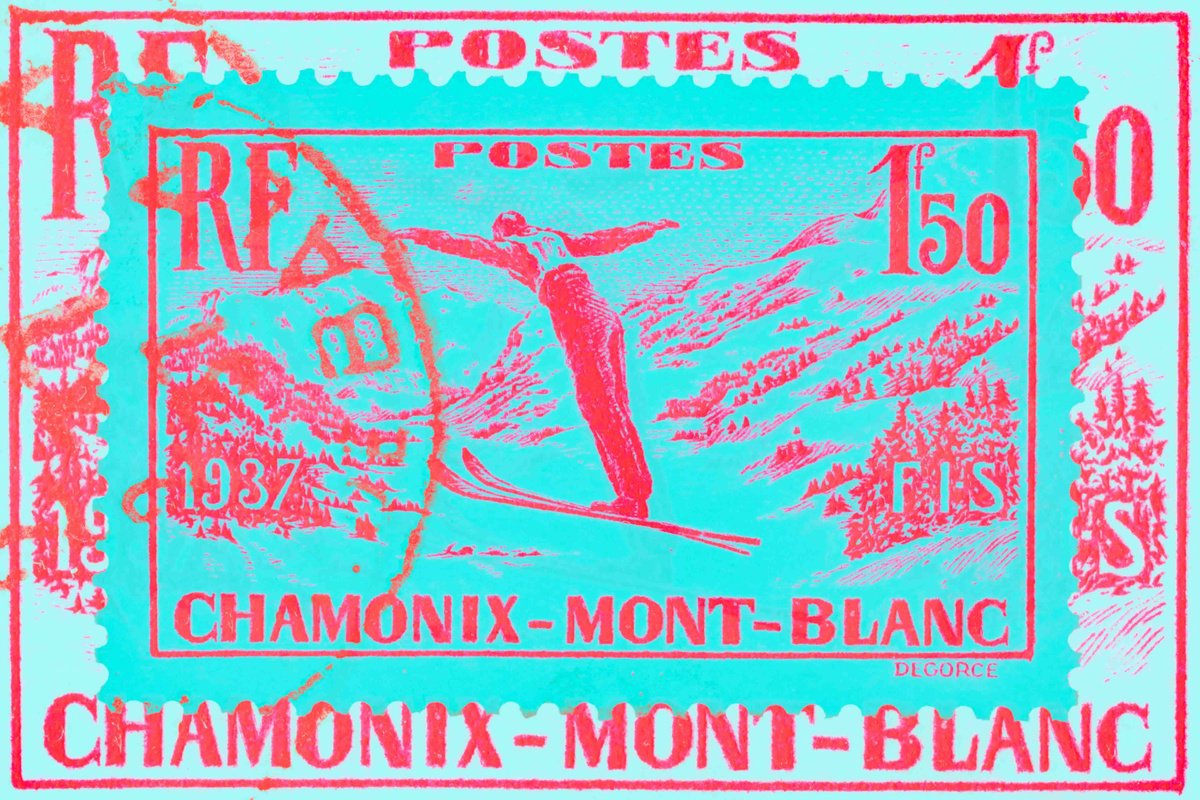 Landscape Photograph By Deborah Pendell, 26 X 18, Chamonix Mont Blanc 1937-Stamp Collection Art, Original Artwork