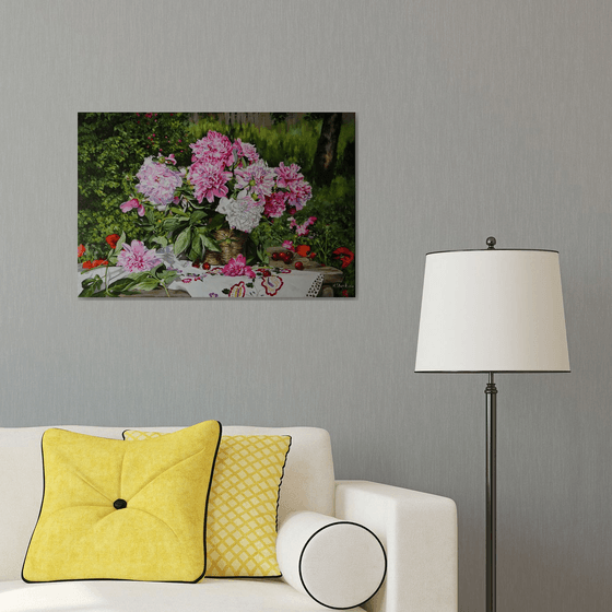 Pink peonies in a basket