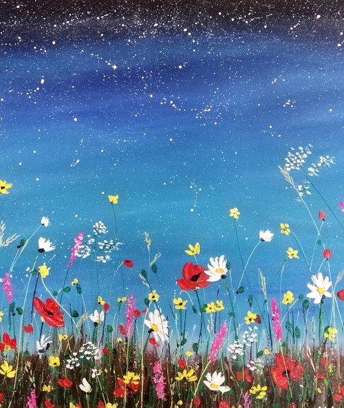 Meadow garden in starry blue night - Pooja Verma by Pooja Verma