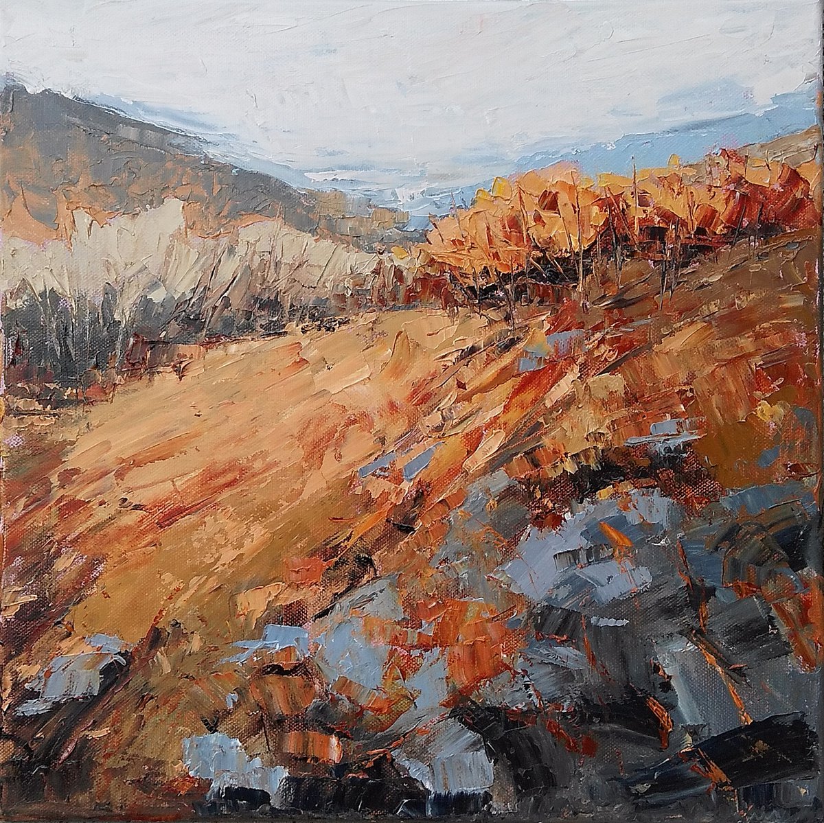 October golden air, 40x40cm, autumn hills landscape by Emilia Milcheva