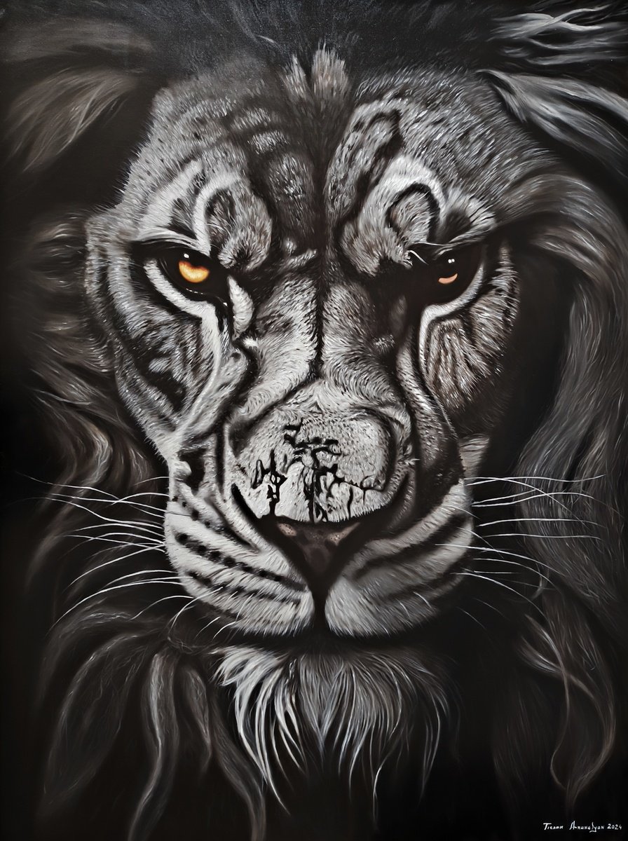 Photorealistic Animal Oil Painting By Tigran Araqelyan, 47 X 59", Fierce Gaze, Original Artwork