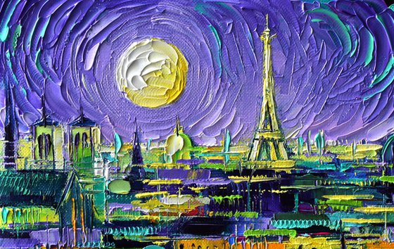 PARIS PURPLE NIGHT Original Impasto Palette knife Oil Painting Stylized Cityscape Mona Edulesco