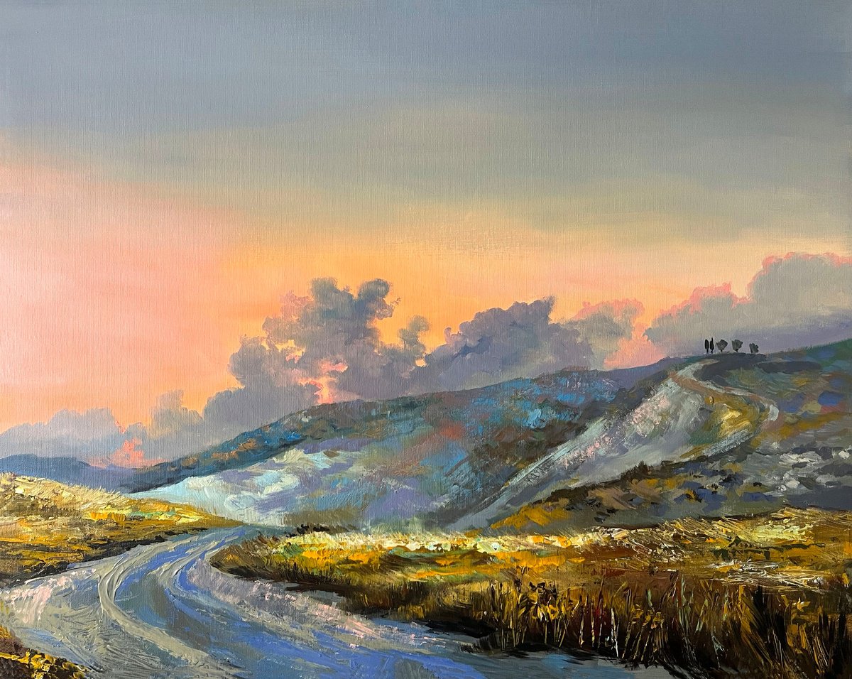 Impressionistic Landscape Acrylic Painting By Maria Kireev, 31 X 25", The Way Home, Original Artwork