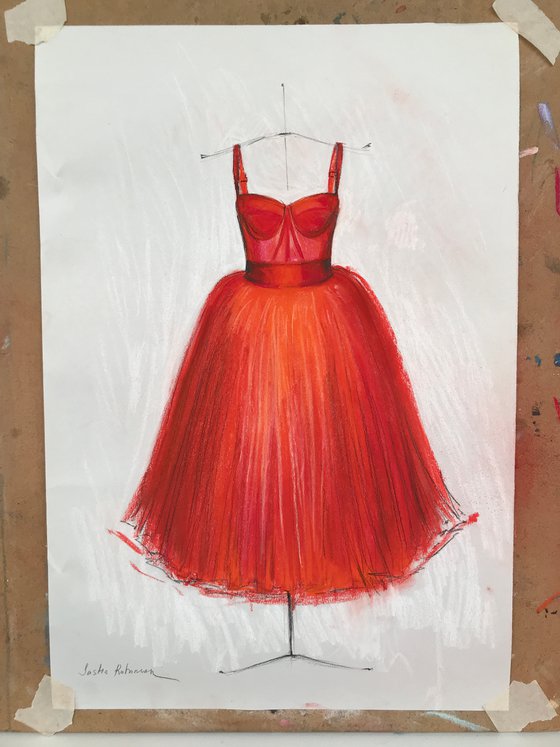 SMALL RED DRESS - Pastel drawing on paper, original gift, red, dress, princess dress, fashion, dolce, woman, black, home decor, pop art, wall art
