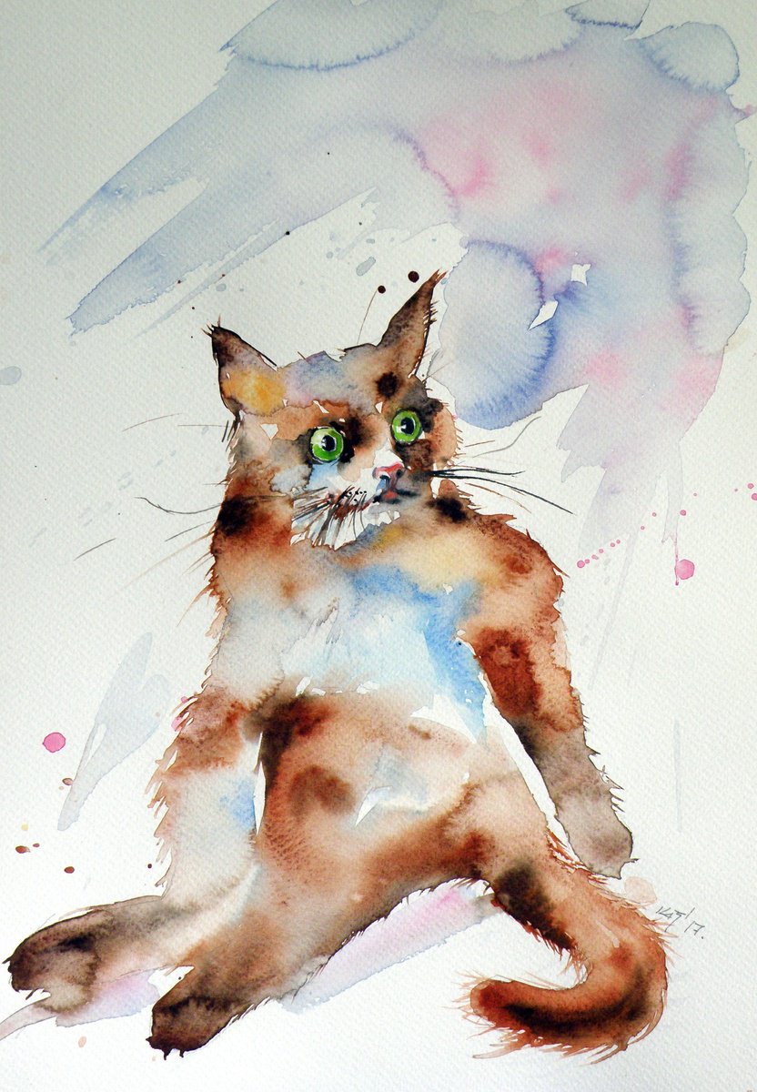 Impressionistic Animal Watercolour By Kovacs Anna Brigitta, 10 X 15", Resting Cat, Original Artwork