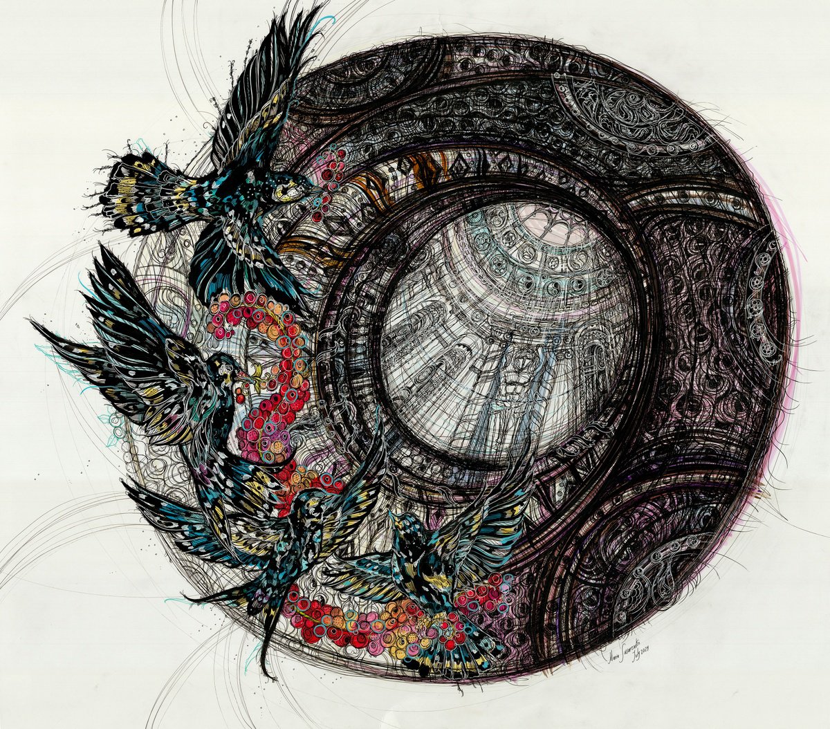 Impressionistic Cityscapes Drawing By Maria Susarenko, 32 X 32", Reims Cathedral Tondo, Original Artwork