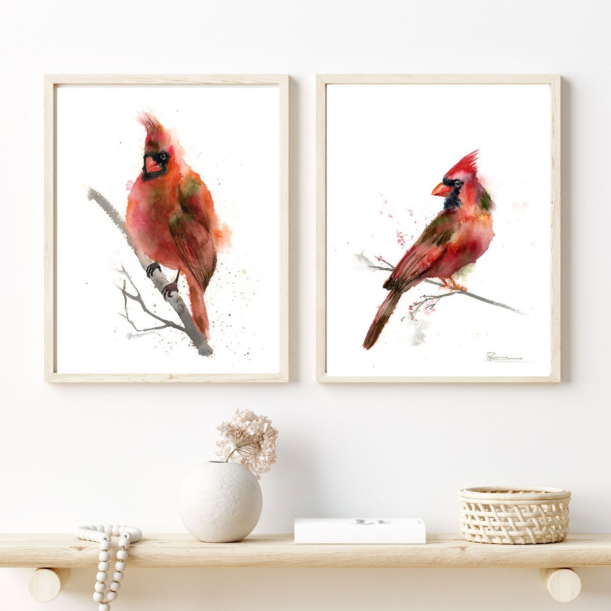 Illustrative Animal Watercolour By Olga Tchefranov (Shefranov), 18 X 12", Cardinal Diptych, Original Artwork