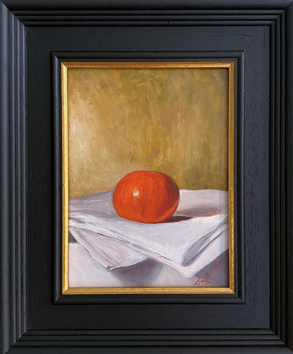 Orange on Folded Linen Still Life original oil realism painting, with wooden frame. by Jackie Smith