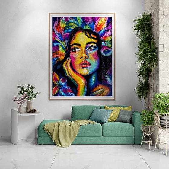 Astral Garden - Rainbow Floral Woman Portrait