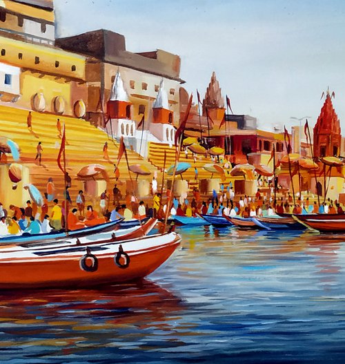 Colorful Morning Varanasi Ghats Painting by Samiran Sarkar