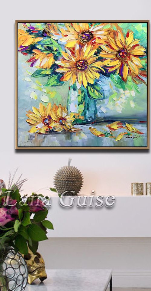 Sun Flowers Oil Painting - Sun Jewels - Textured Palette Knife by Lana Guise