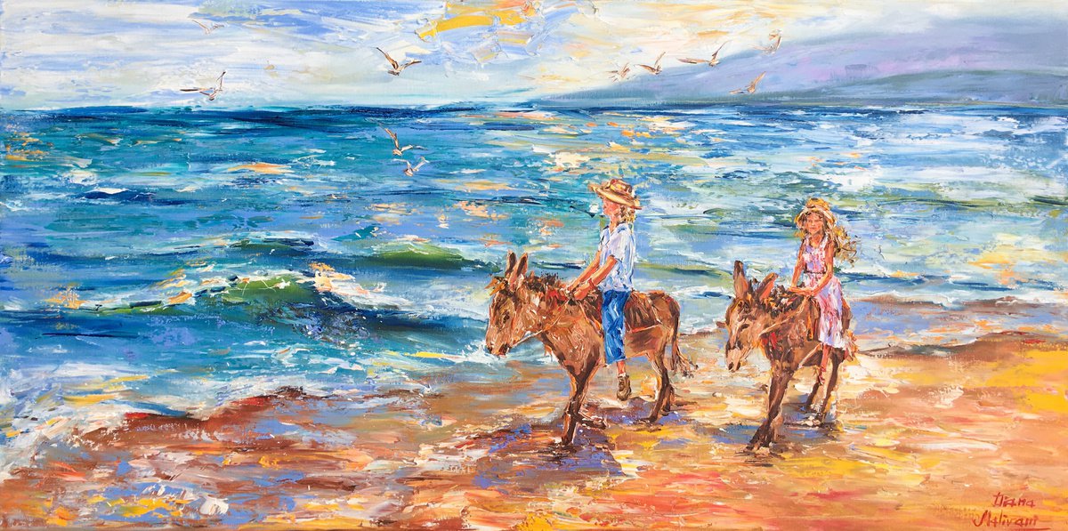 Impressionistic Landscape Oil Painting By Diana Malivani, 39 X 20, Walk On Donkeys, Original Artwork