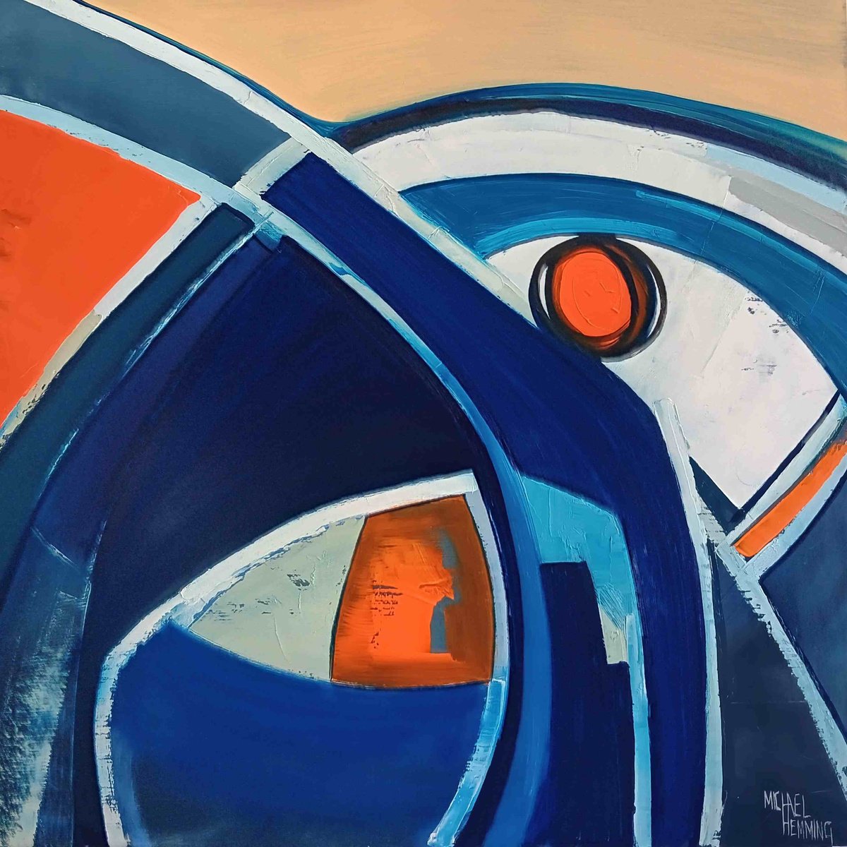 Geometric Abstract Oil Painting By Michael Hemming, 25 X 25", Blue Arc, Original Artwork