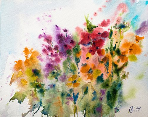 Flowers. ORIGINAL SMALL WATERCOLOR WARM flowers abstract bloom interior provence decor interior by Sasha Romm