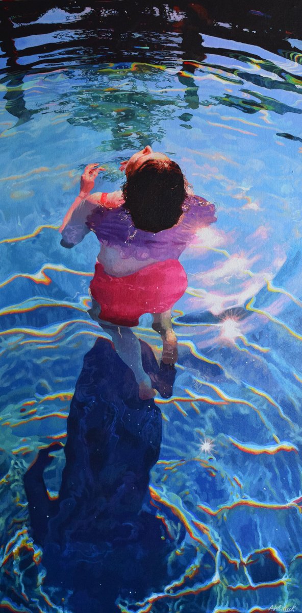 Photorealistic Portrait Acrylic Painting By Abi Whitlock, 16 X 31, Lone Star Iii - Swimming Painting, Original Artwork