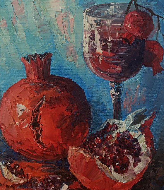 Still life with wine and pomegranate  (40x50cm, oil painting,  ready to hang)