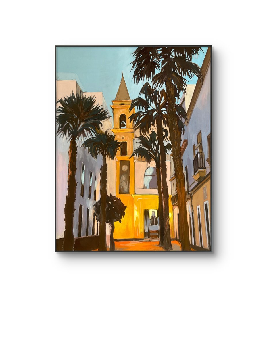 Impressionistic Cityscapes Painting By Guzel Min, 15 X 20, Palm Trees Near The Chapel, Original Artwork